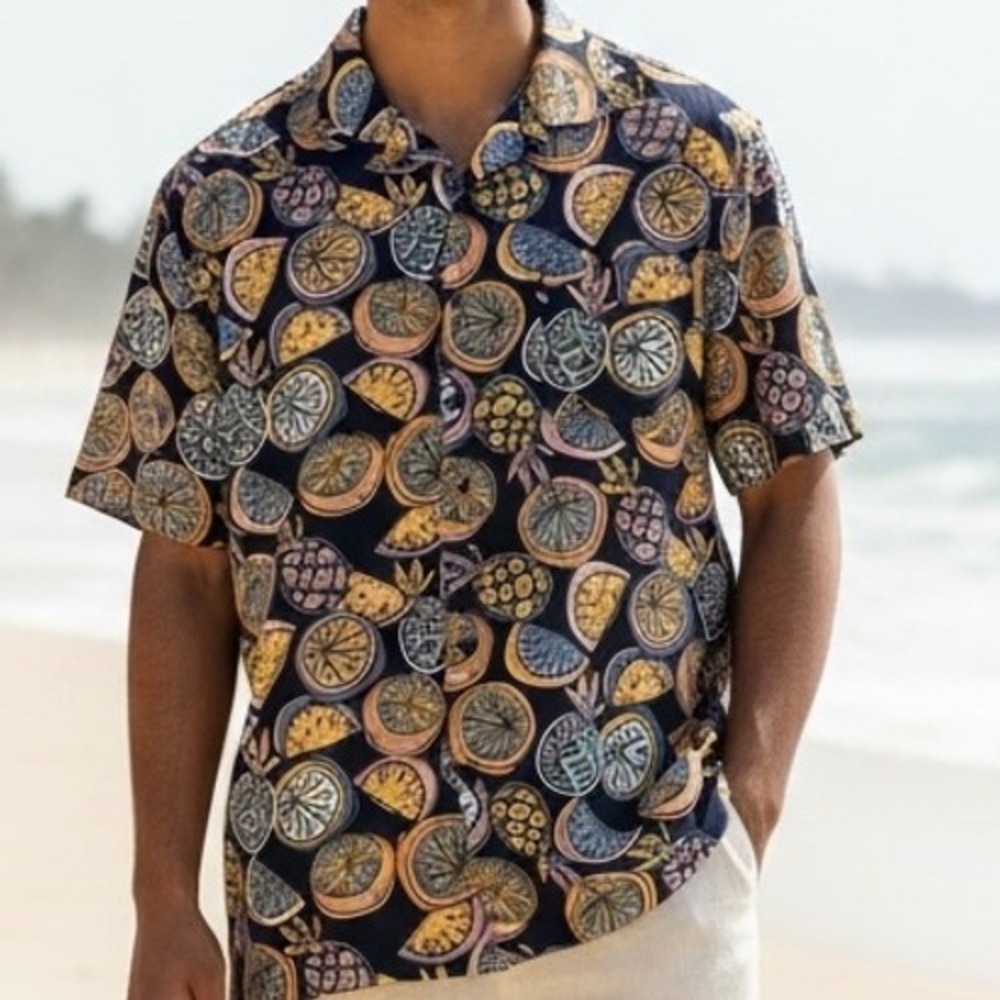 Junk Food Clothing Mens Fruit Print Short Sleeve Button Down Shirt Navy M Summer